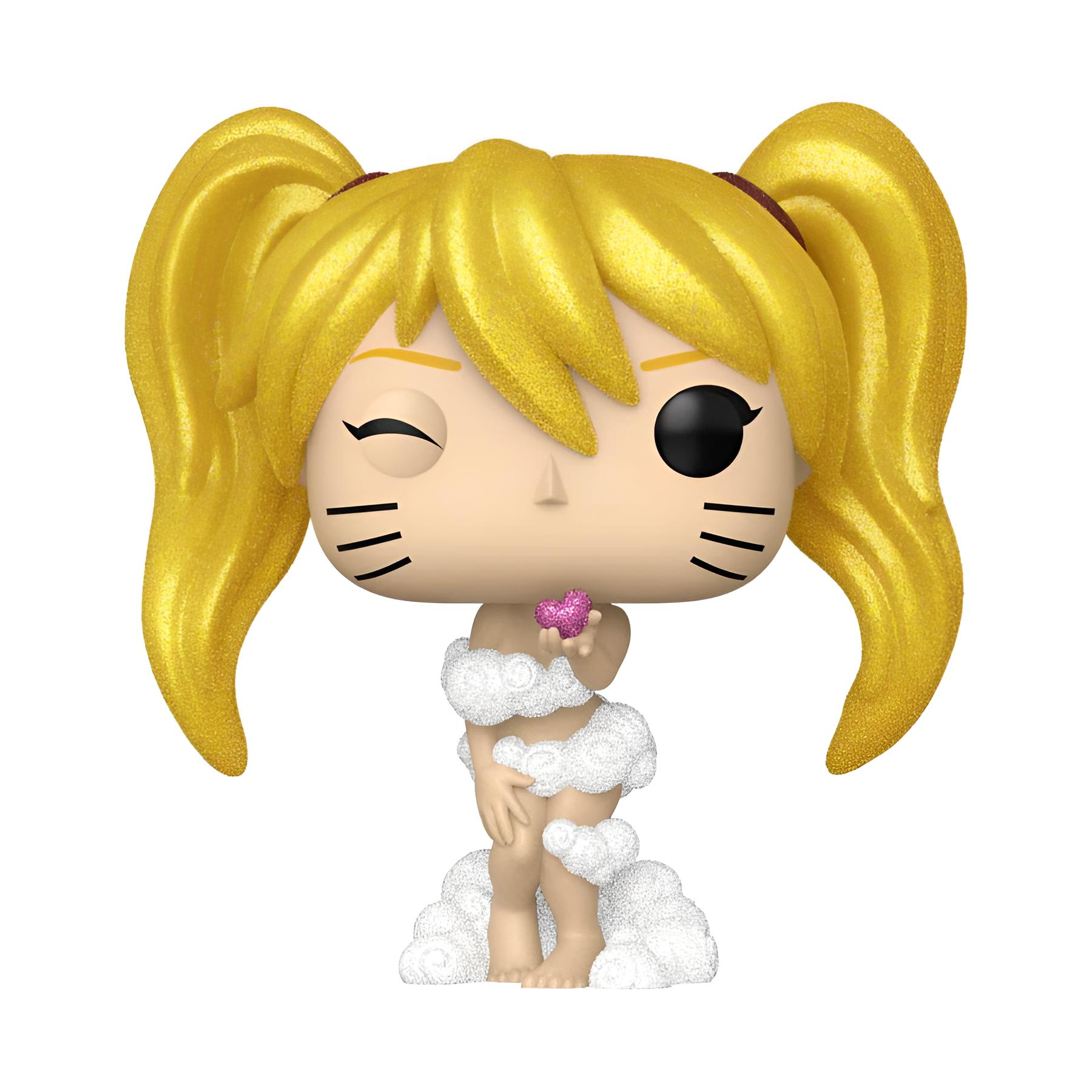 Una figura di Funko Pop. Capelli biondi a codini, occhiolino e un abito a forma di nuvola, che tiene un cuore rosa.
