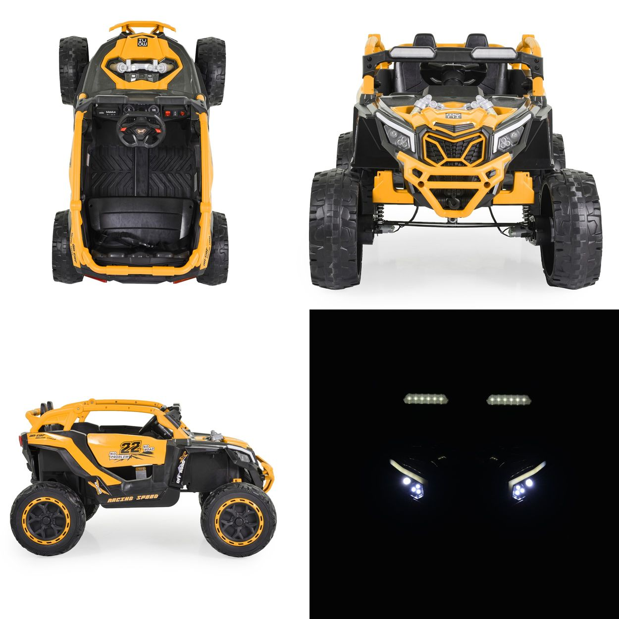 Ein orangefarbenes und schwarzes Spielzeugauto, aus mehreren Blickwinkeln gezeigt. Es hat große Reifen und Lichter, die einem Rennwagen ähneln.