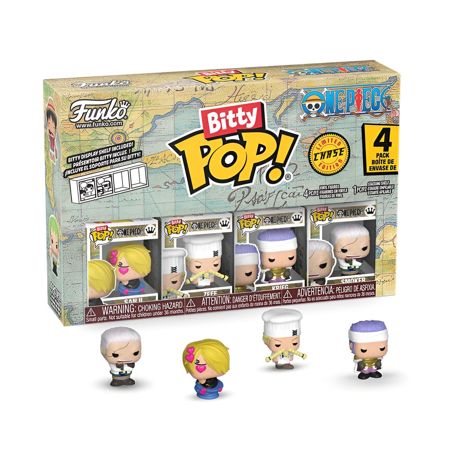 Ein Box-Set mit One Piece Bitty Pop Figuren. Enthält vier Figuren in einer Themenbox mit Kartendesign.