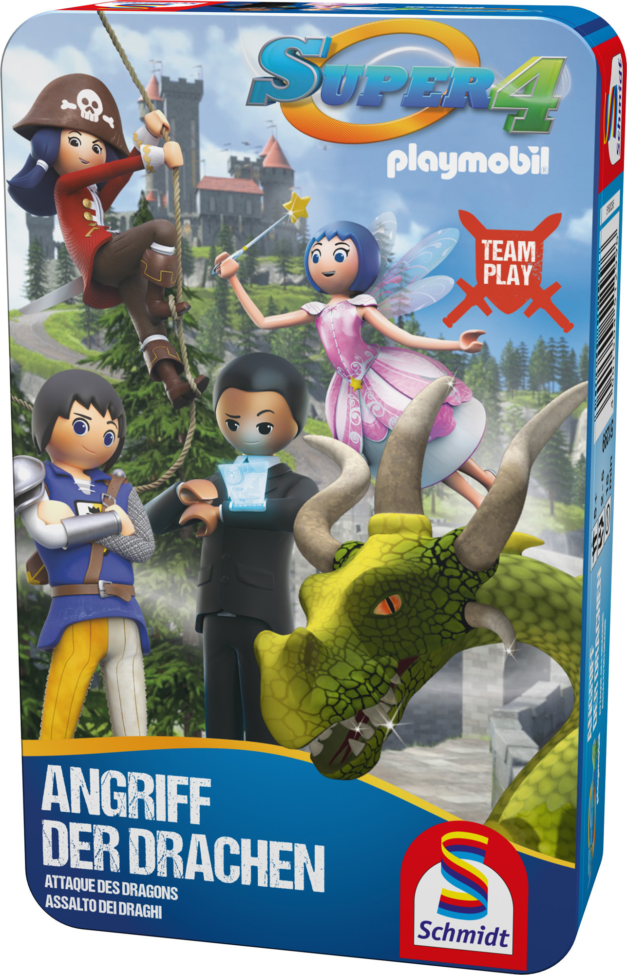 Playmobil-Box-Art. Ein Pirat, eine Fee, ein Ritter und ein Geschäftsmann stehen vor einem Drachen. Burg und Super 4 Logo sind sichtbar.