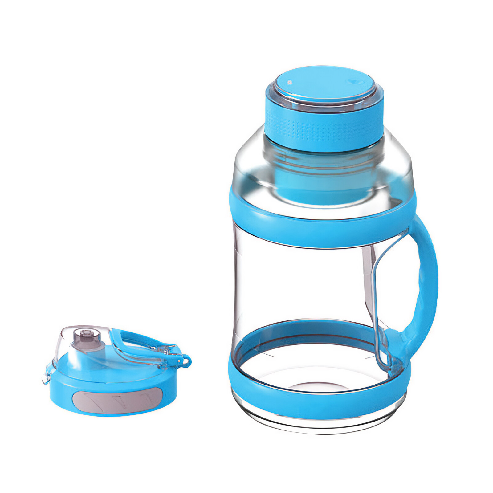 Eine transparente Wasserflasche mit blauen Akzenten und einem separaten blauen Deckel. Die Flasche hat einen Griff. Isoliert auf weißem Hintergrund.