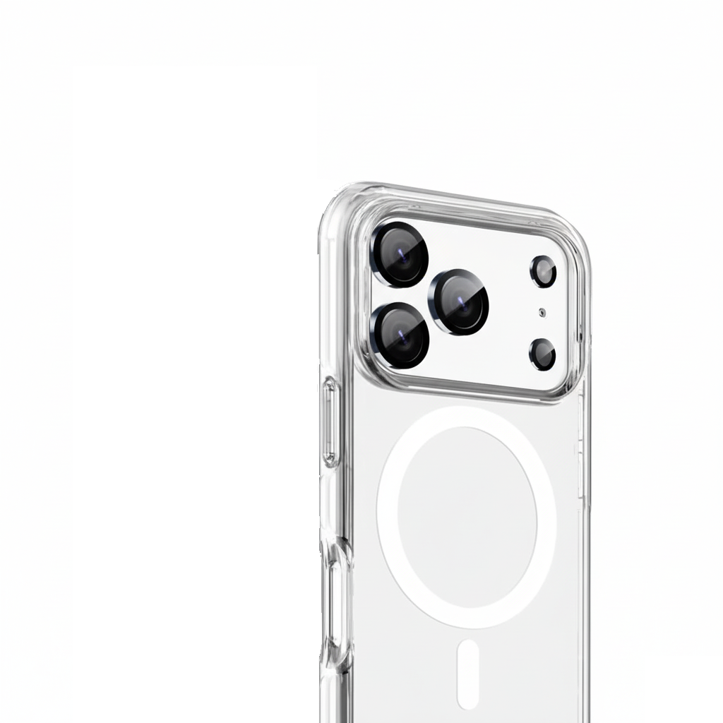 Eine transparente Handyhülle mit mehreren Kameralinsen wird vor einem weißen Hintergrund gezeigt. Die Hülle hat ein kreisförmiges MagSafe.