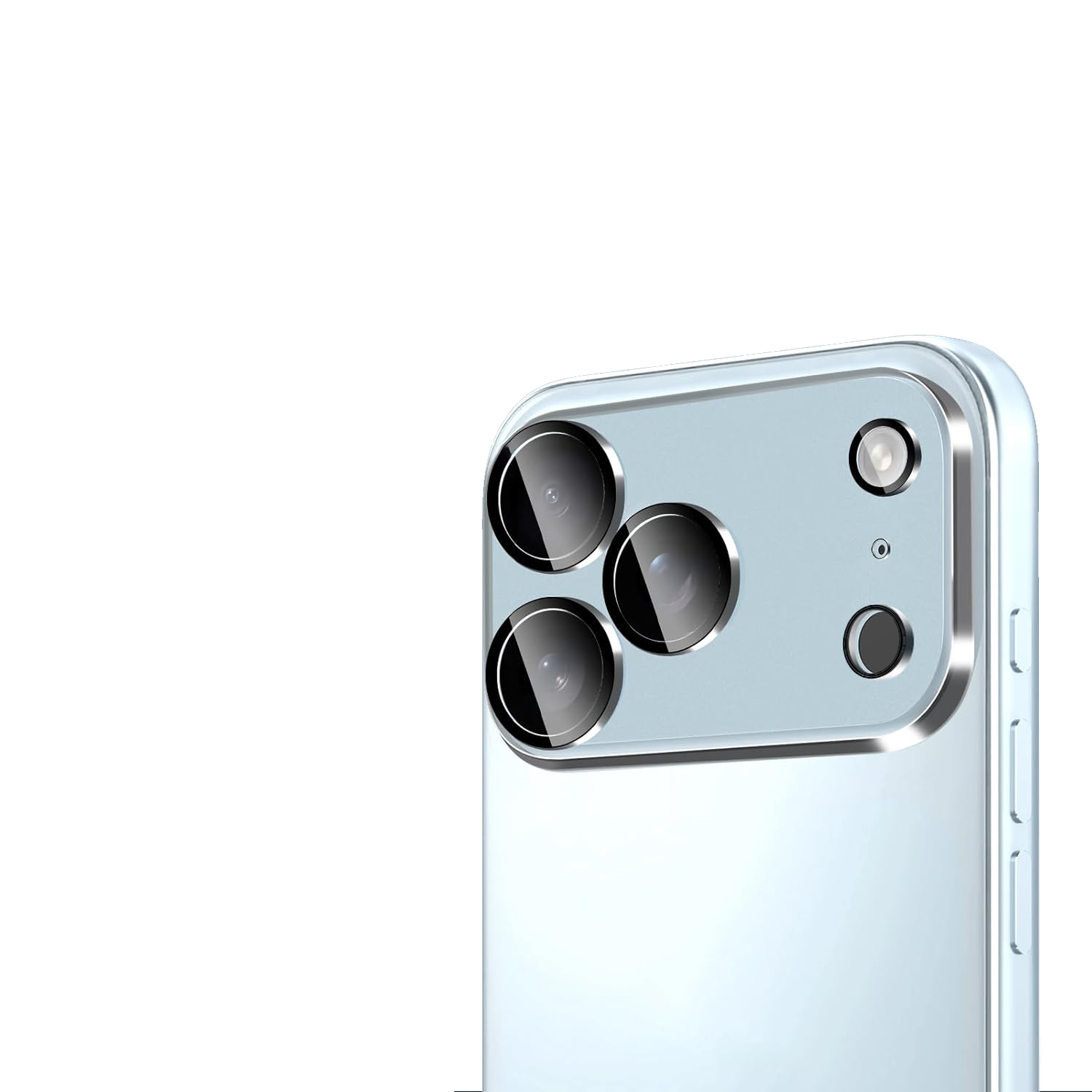 Nahaufnahme des Kameramoduls eines Smartphones mit drei großen und einem kleineren Objektiv vor weißem Hintergrund.