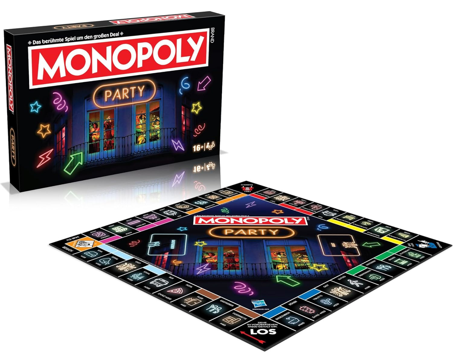Eine Monopoly Party Spielbox und Spielbrett. Die Box zeigt ein Neon-Schild und das Brett hat das gleiche Design.