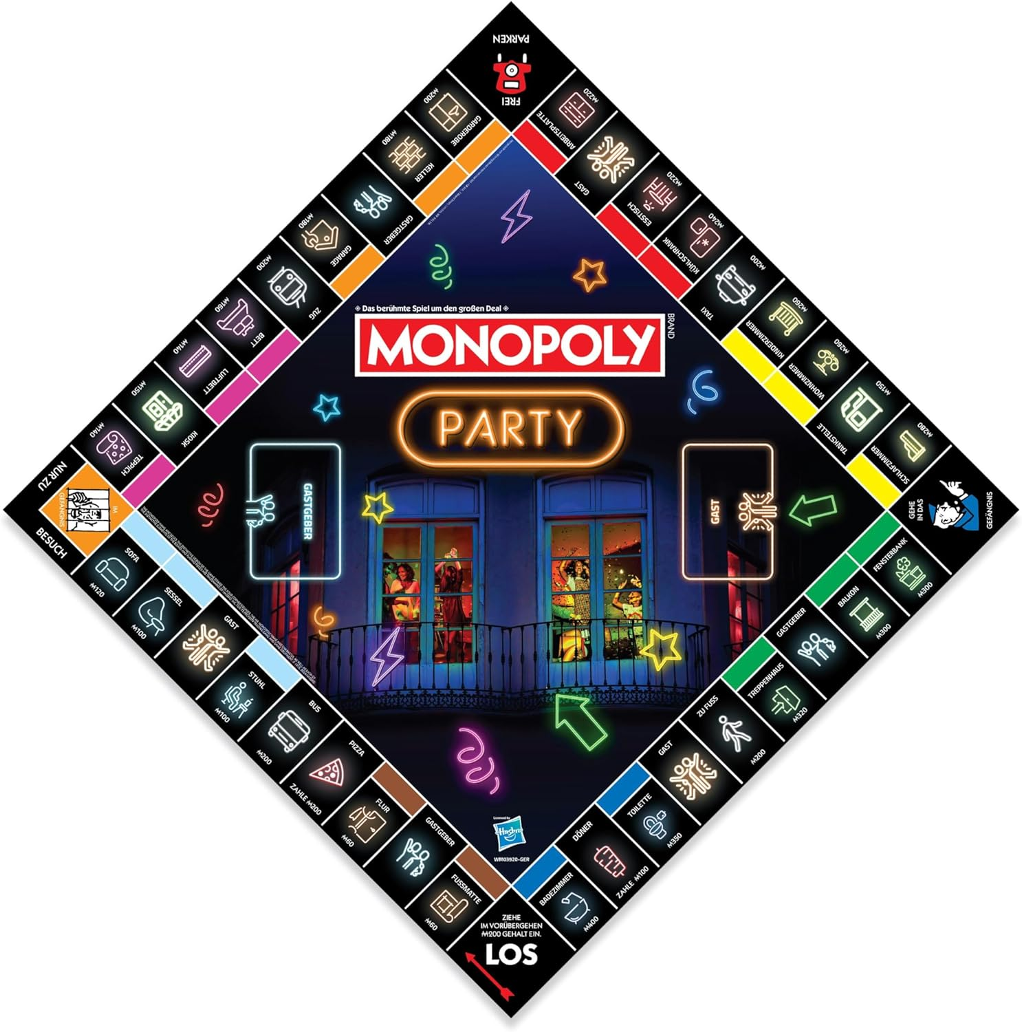 Monopoly Party Brettspiel. Die Mitte zeigt eine Neon-Partyszene. Spielkarten umgeben sie.
