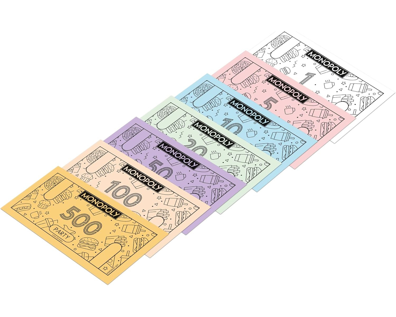 Monopoly-Geld in verschiedenen Farben, jede mit einem anderen Wert. Die Scheine zeigen Lebensmittelillustrationen und das Monopoly-Logo.