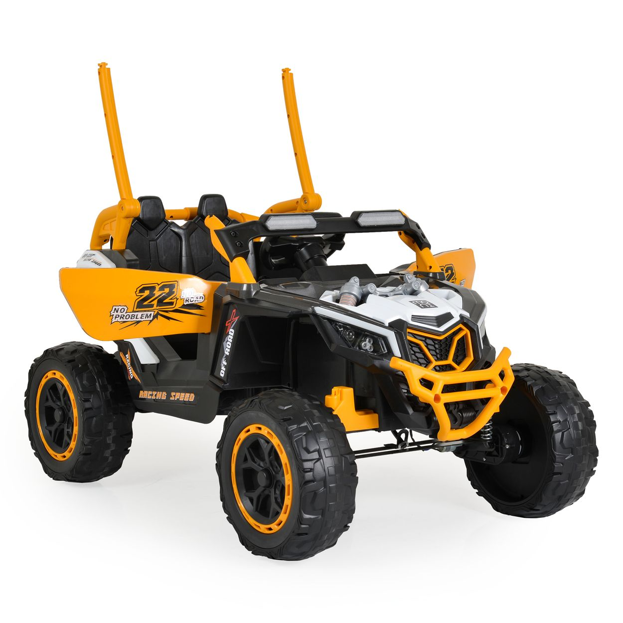 Ein gelb-schwarzes Spielzeug-Geländefahrzeug mit großen Reifen, der Nummer 22 und dem Text "Off Road". Es hat Überrollbügel und Scheinwerfer.