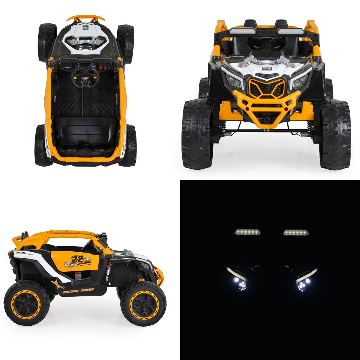 Bilder eines gelb-schwarzen Spielzeugautos. Vier verschiedene Ansichten: oben, vorne, Seite und Nahaufnahme der Lichter. Es hat große Reifen.