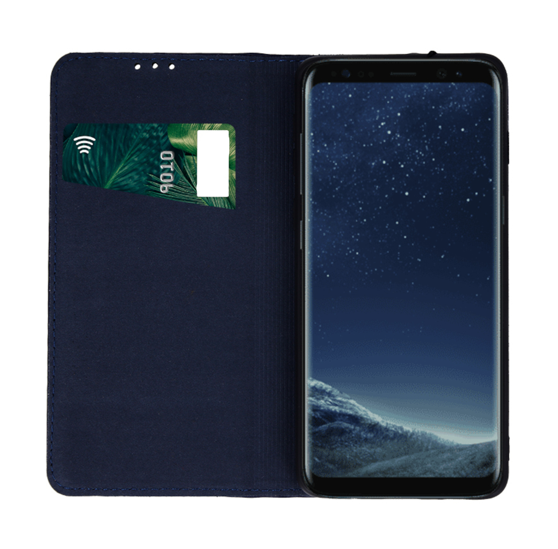 Marineblaue Handyhülle mit Kartenfach. Ein Smartphone zeigt eine Sternennachtszene. Die Karte hat ein grünes Blattdesign.