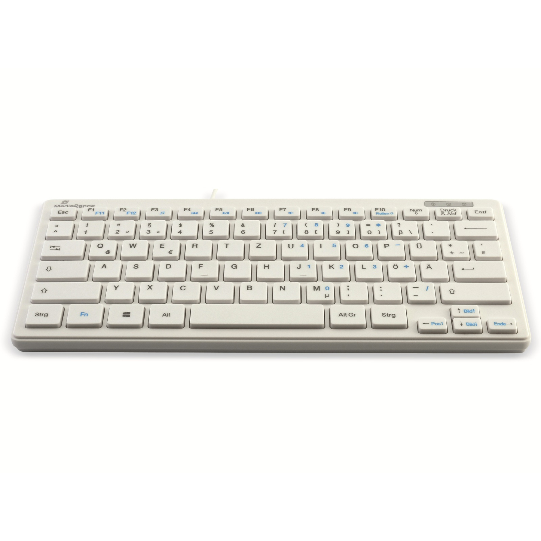 Jasnoszara klawiatura komputerowa na białym tle. Klawiatura ma białe klawisze z niebieskimi i czarnymi literami.