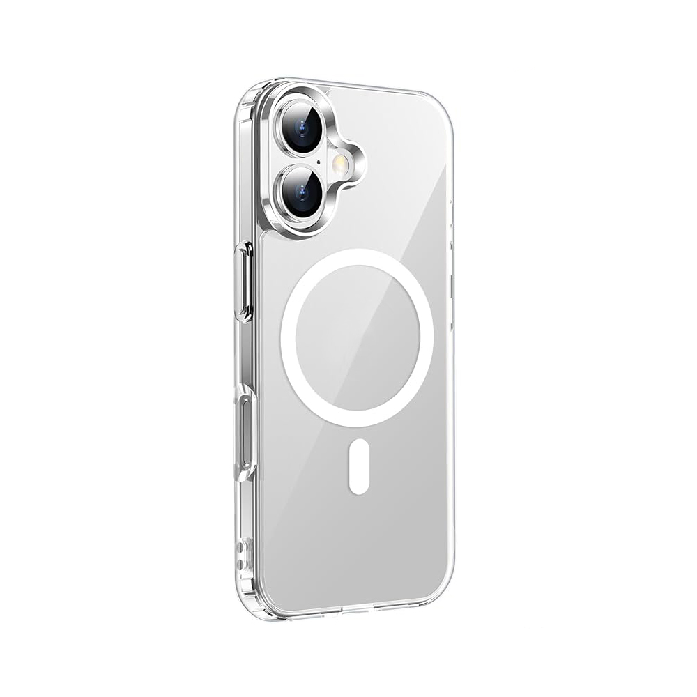 Eine transparente Handyhülle mit Kameraausschnitt und weißem kreisförmigem Design, wahrscheinlich zum kabellosen Laden.
