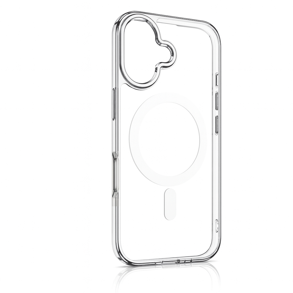 Eine klare, transparente Handyhülle. Sie hat einen kreisförmigen MagSafe-Ring in der Mitte und einen erhöhten Bereich für die Kamera. Auf weißer Oberfläche reflektiert.