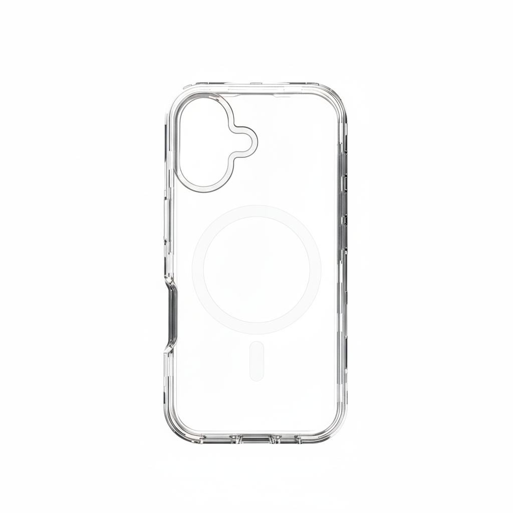 Eine transparente Handyhülle mit kreisförmigem MagSafe-Feature und Kameraausschnitt. Die Hülle ist transparent, sodass das Design des Handys sichtbar ist.