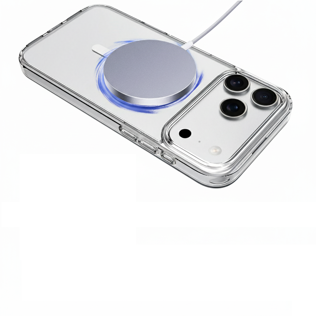 Eine transparente Handyhülle mit einem silbernen kabellosen Ladegerät. Das Telefon hat drei Kameras, und ein weißes Kabel ist mit dem Ladegerät verbunden.