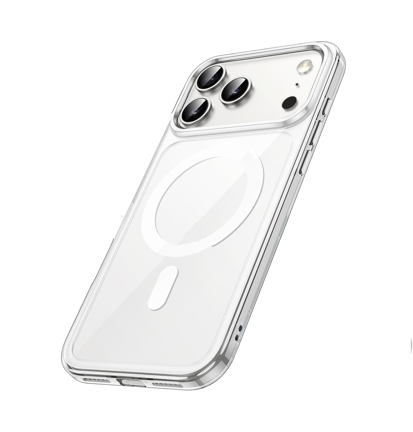 Eine transparente Handyhülle, schräge Ansicht. Sie hat eine klare Rückseite mit rundem Design und eine Kamera mit drei Linsen.