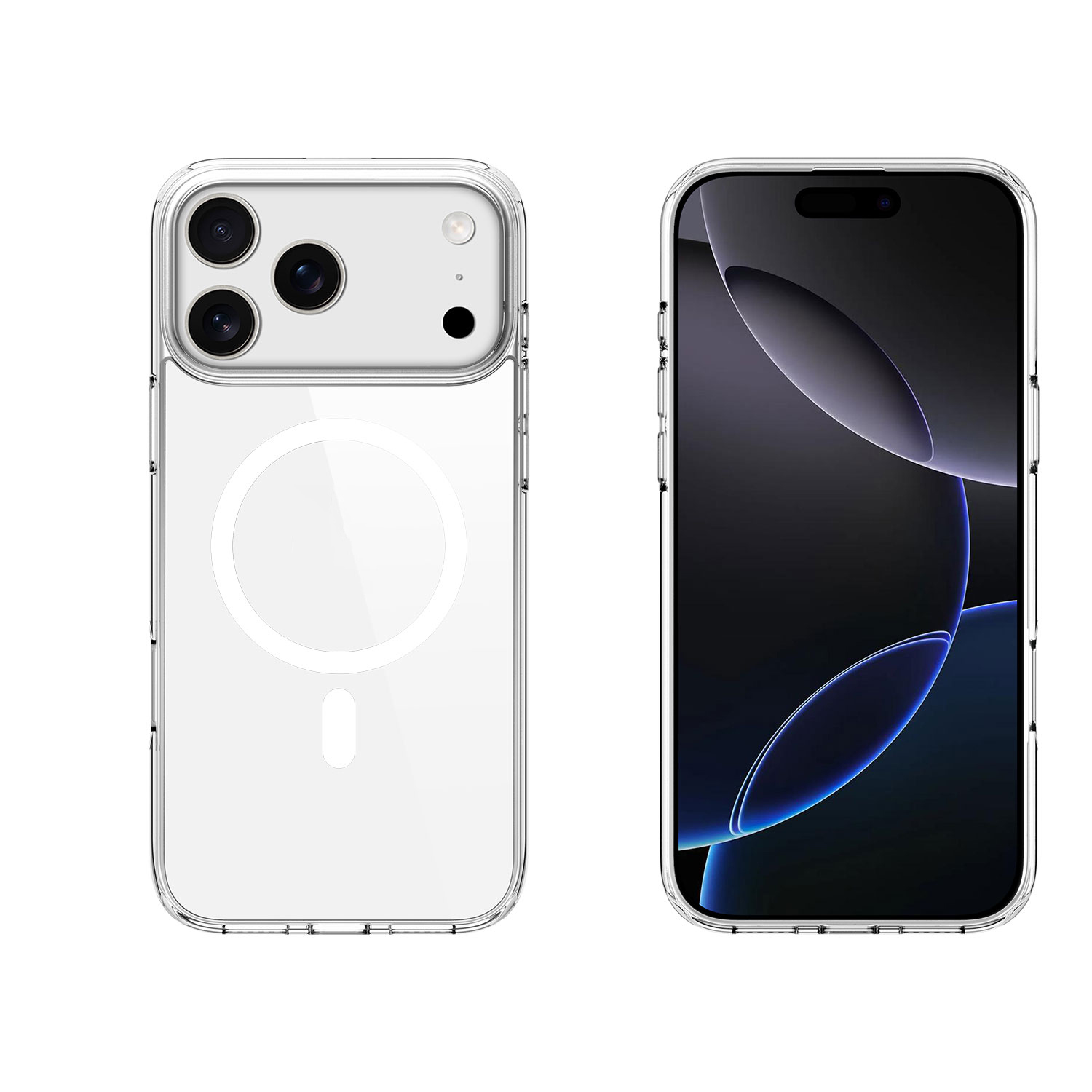 Zwei transparente Handyhüllen. Eine zeigt die Rückseite des Telefons mit Kamera, die andere den Bildschirm mit dunklem Hintergrund.