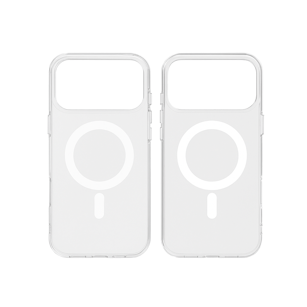 Zwei durchsichtige Handyhüllen nebeneinander. Jede hat einen MagSafe-Ring und ein unteres Rechteck. Transparent, auf weißem Hintergrund.
