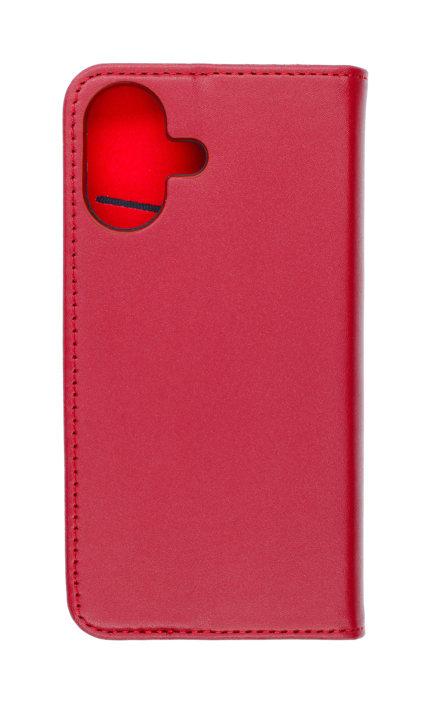 Rote Leder-Handyhülle mit Aussparung für die Kamera. Rote Nähte an den Kanten. Weißer Hintergrund.