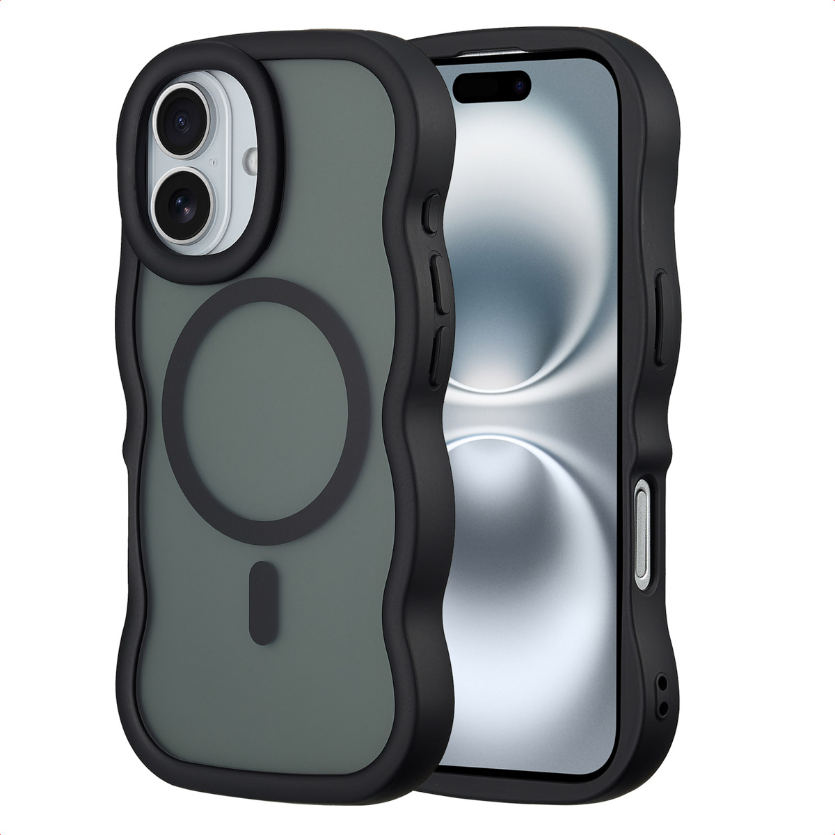Due telefoni con custodie protettive. Un telefono è visibile con lo schermo a destra. Entrambe le custodie sono nere e hanno un design ondulato.