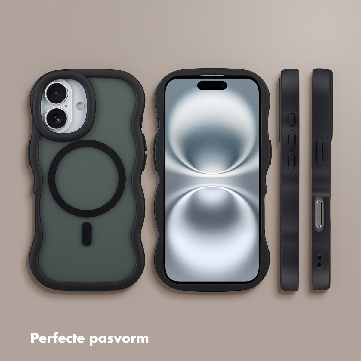 Custodia nera per telefono con interno verde, che mostra lato, fronte e retro. Il testo 'Vestibilità perfetta' è in basso.