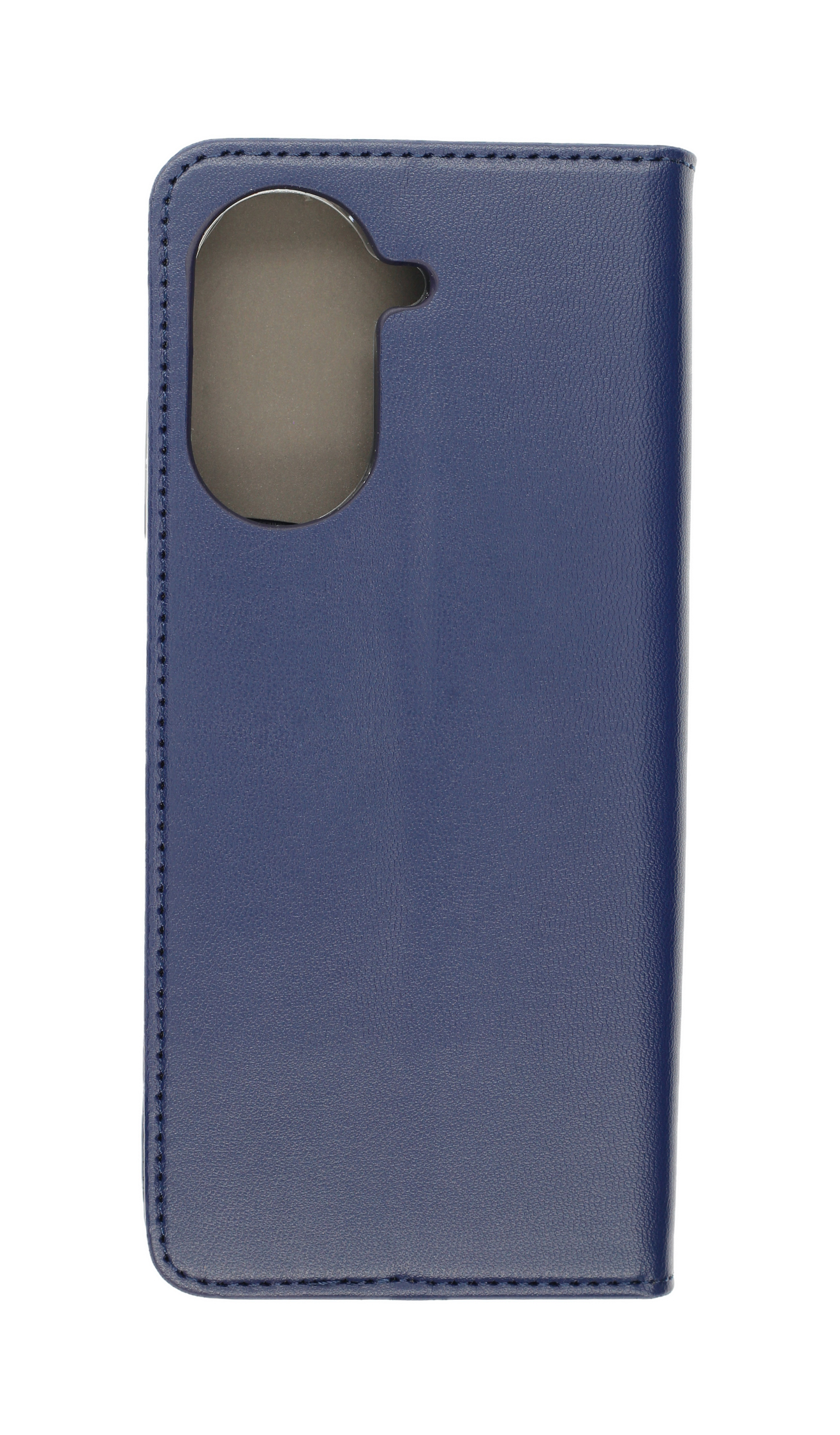 Eine blaue Leder-Handyhülle mit einem Ausschnitt für eine Kamera. Die Hülle ist geschlossen und hat Nähte an den Rändern.