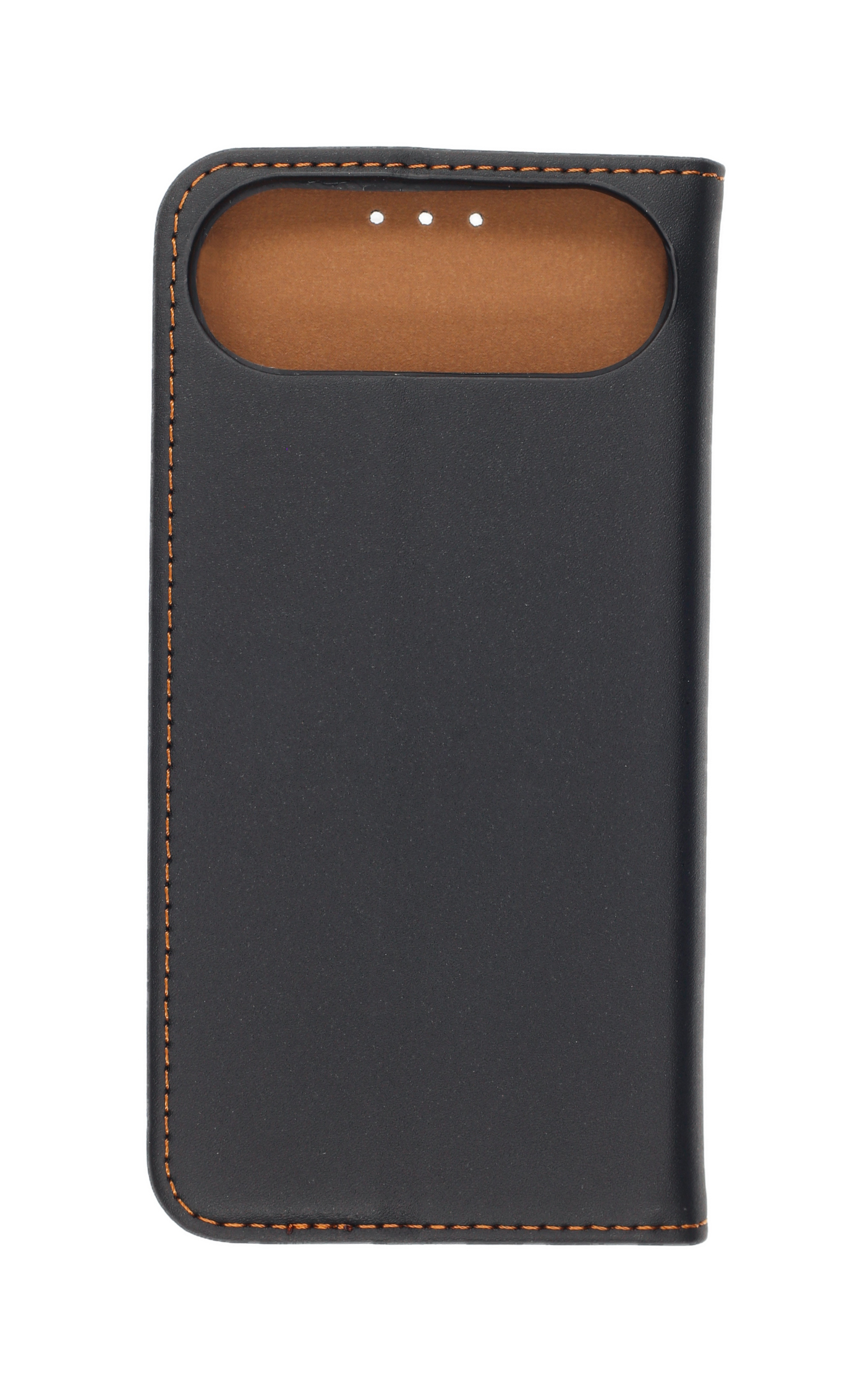 Schwarze Handyhülle mit orangefarbenen Nähten. Sie hat einen Ausschnitt für die Kamera und eine braune Innenseite.