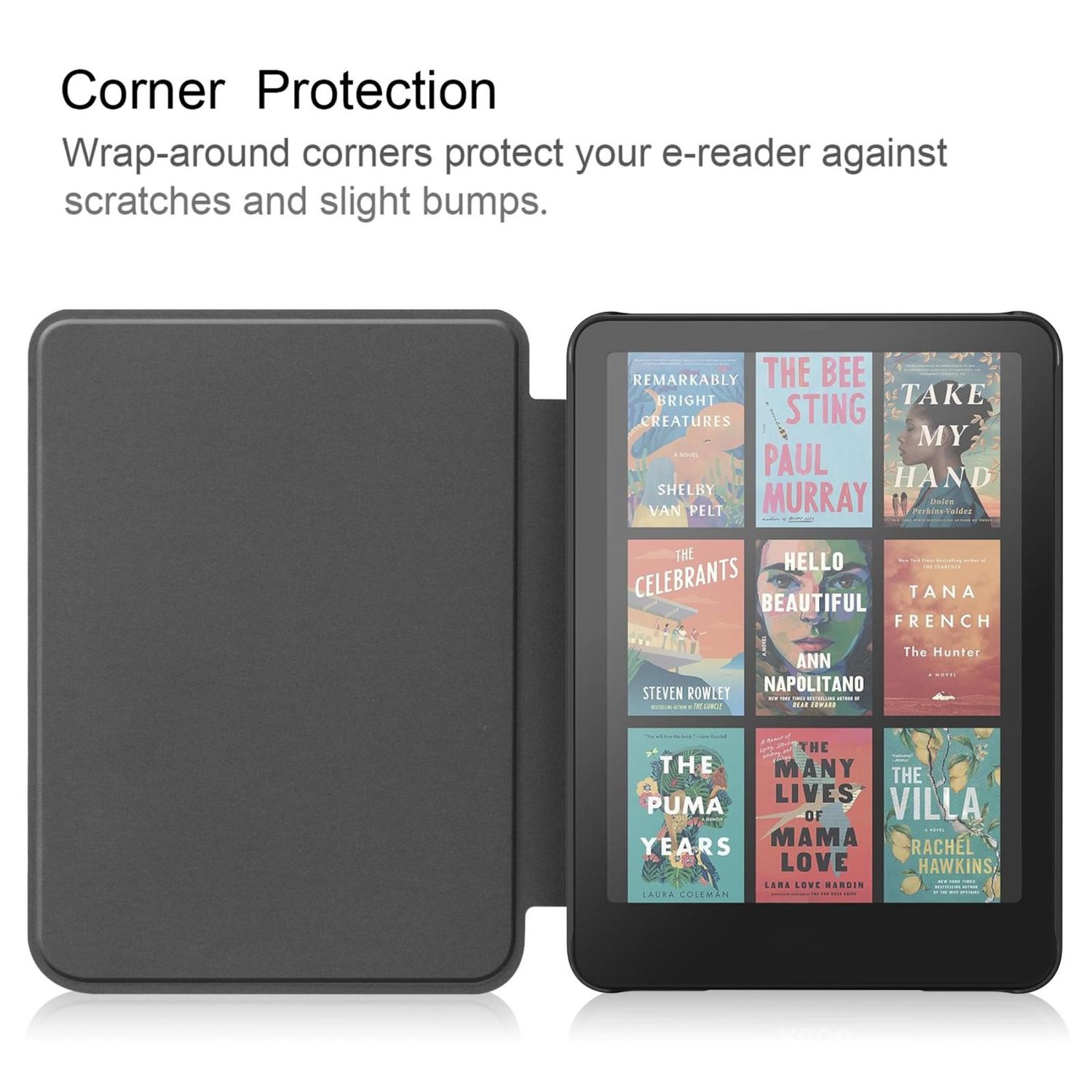 Un lector electrónico con una cubierta negra abierta para revelar la pantalla. La pantalla muestra portadas de libros.