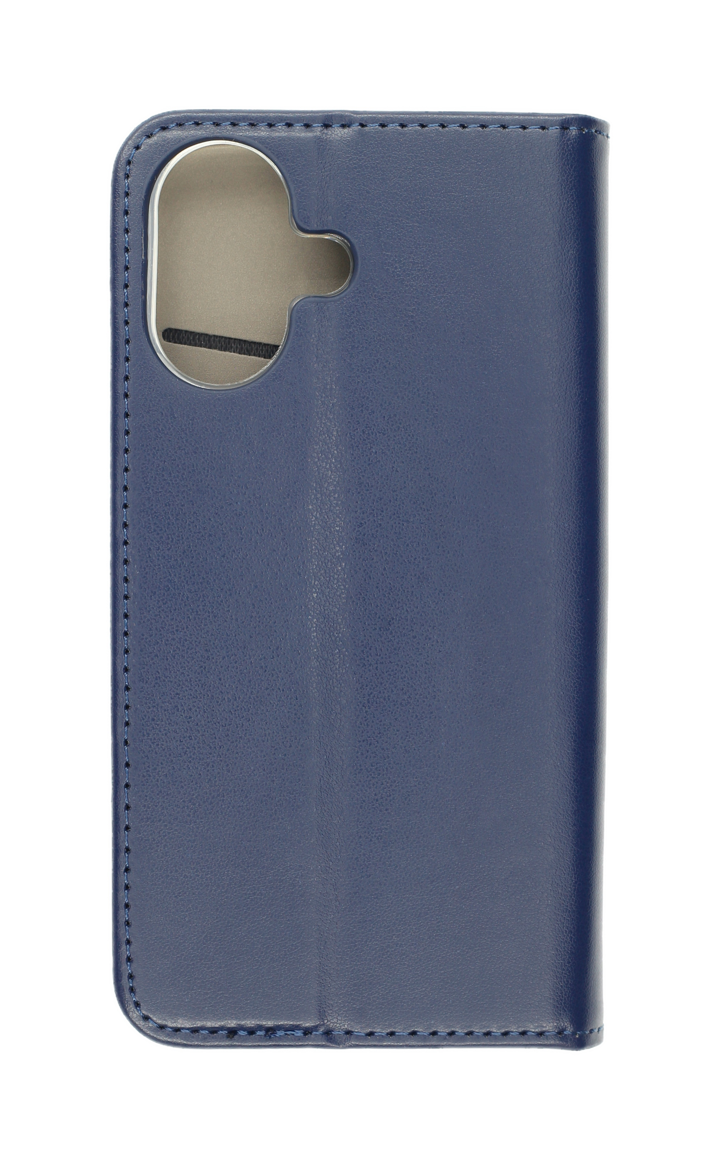 Eine blaue Leder-Handyhülle mit einem Ausschnitt für die Kamera. Die Hülle ist geschlossen. Der Hintergrund ist weiß.