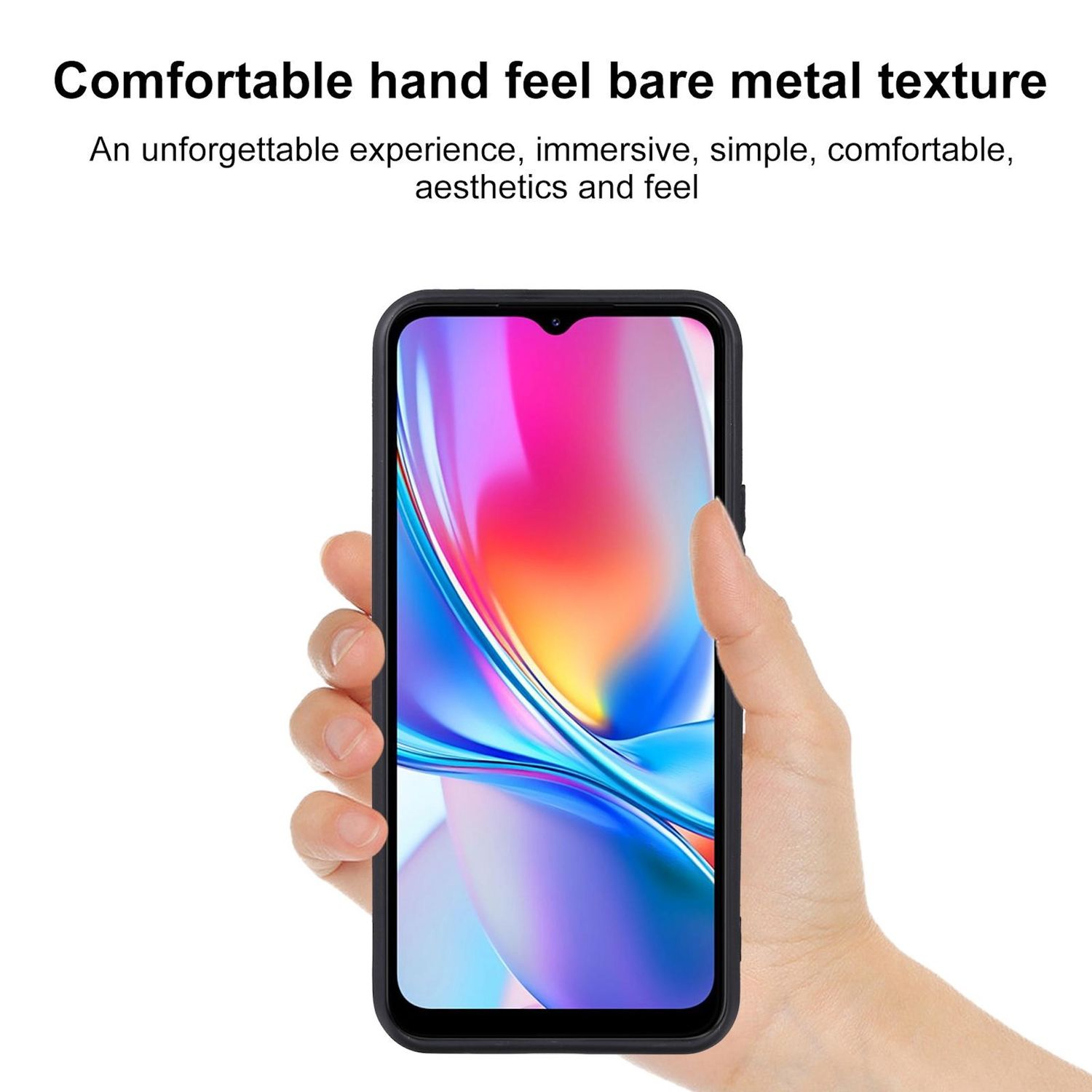 Eine Hand, die ein Smartphone mit farbenfrohem, abstraktem Hintergrund hält. Oben steht der Text: "Angenehmes Handgefühl, blanke Metalltextur".