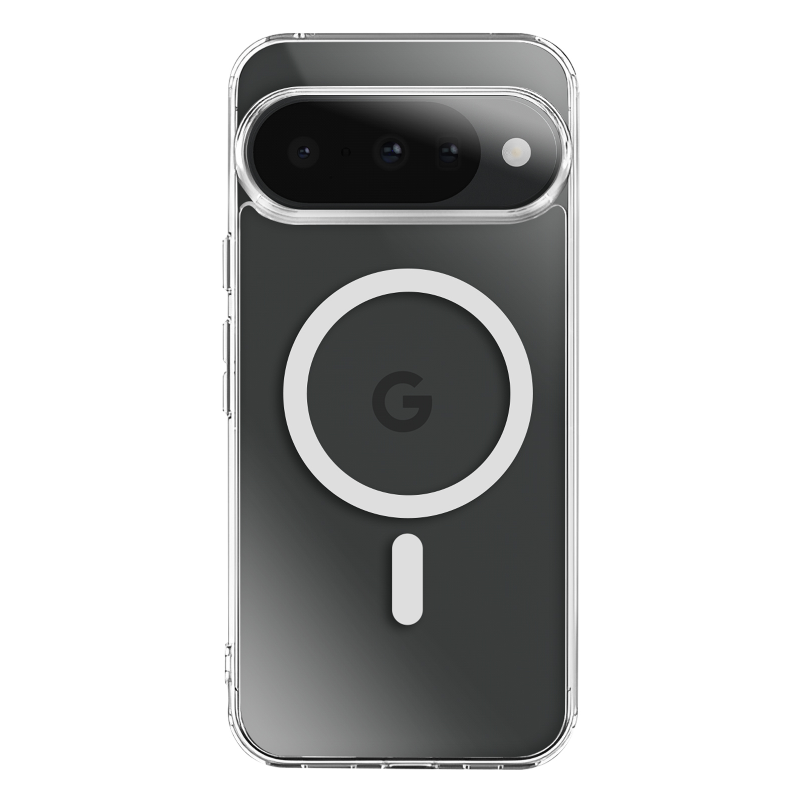 Een doorzichtige telefoonhoes met een Google Pixel-telefoon erin. De hoes heeft een ring en een balk aan de achterkant.