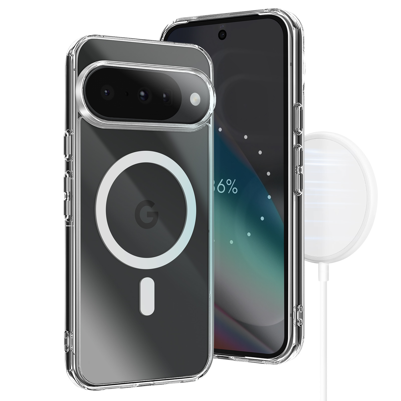 Twee telefoons in doorzichtige hoesjes. Eén toont 6% batterij, de andere heeft een witte MagSafe cirkel en het Google logo.