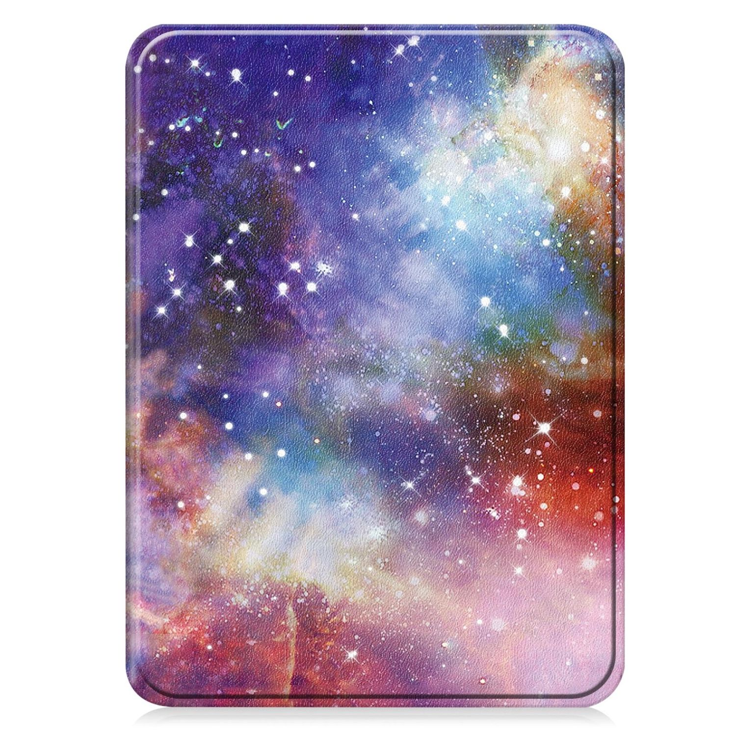 Funda rectangular con diseño de galaxia. Presenta una mezcla de tonos morados, azules y rojos con estrellas blancas dispersas.