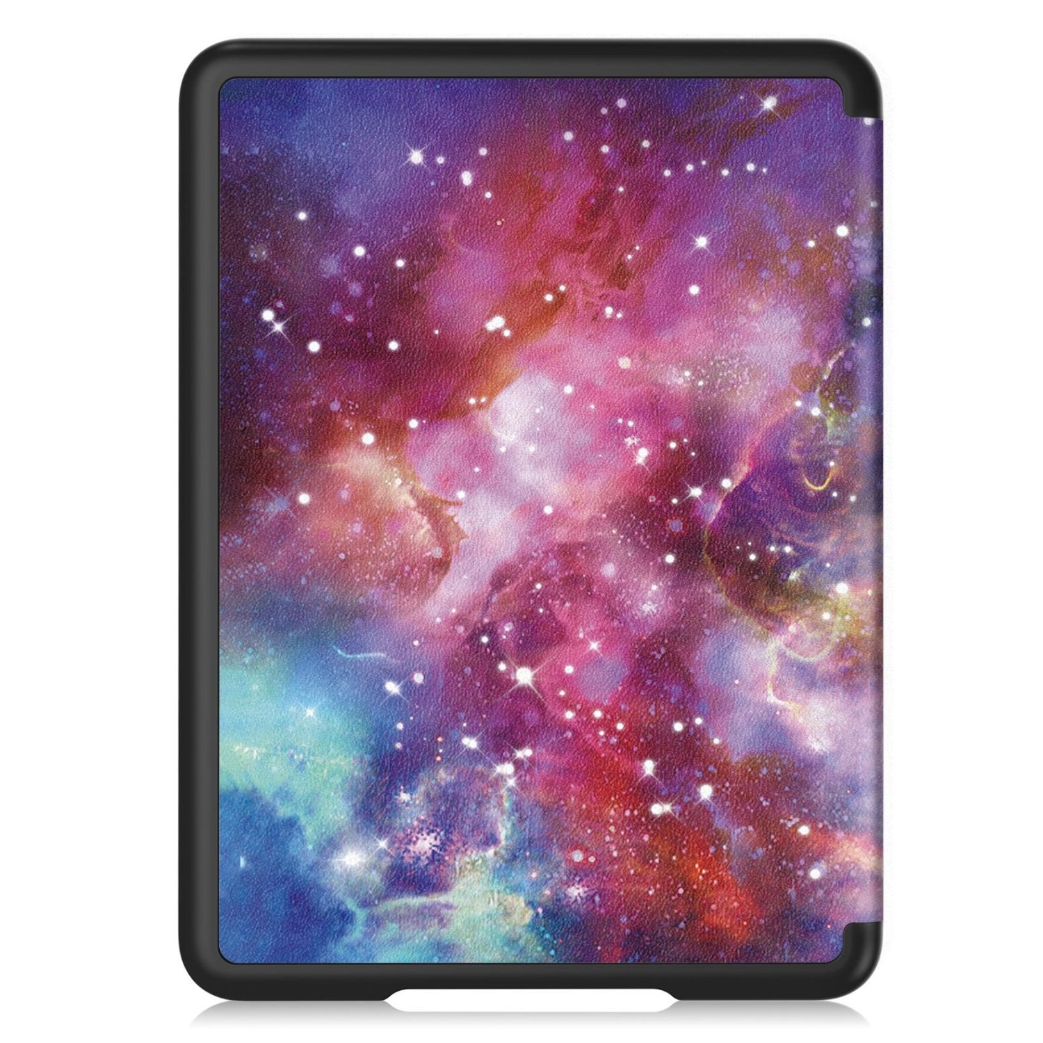 Funda de lector electrónico con diseño cósmico. Nebulosa púrpura, rosa y azul con estrellas blancas. Marco negro.