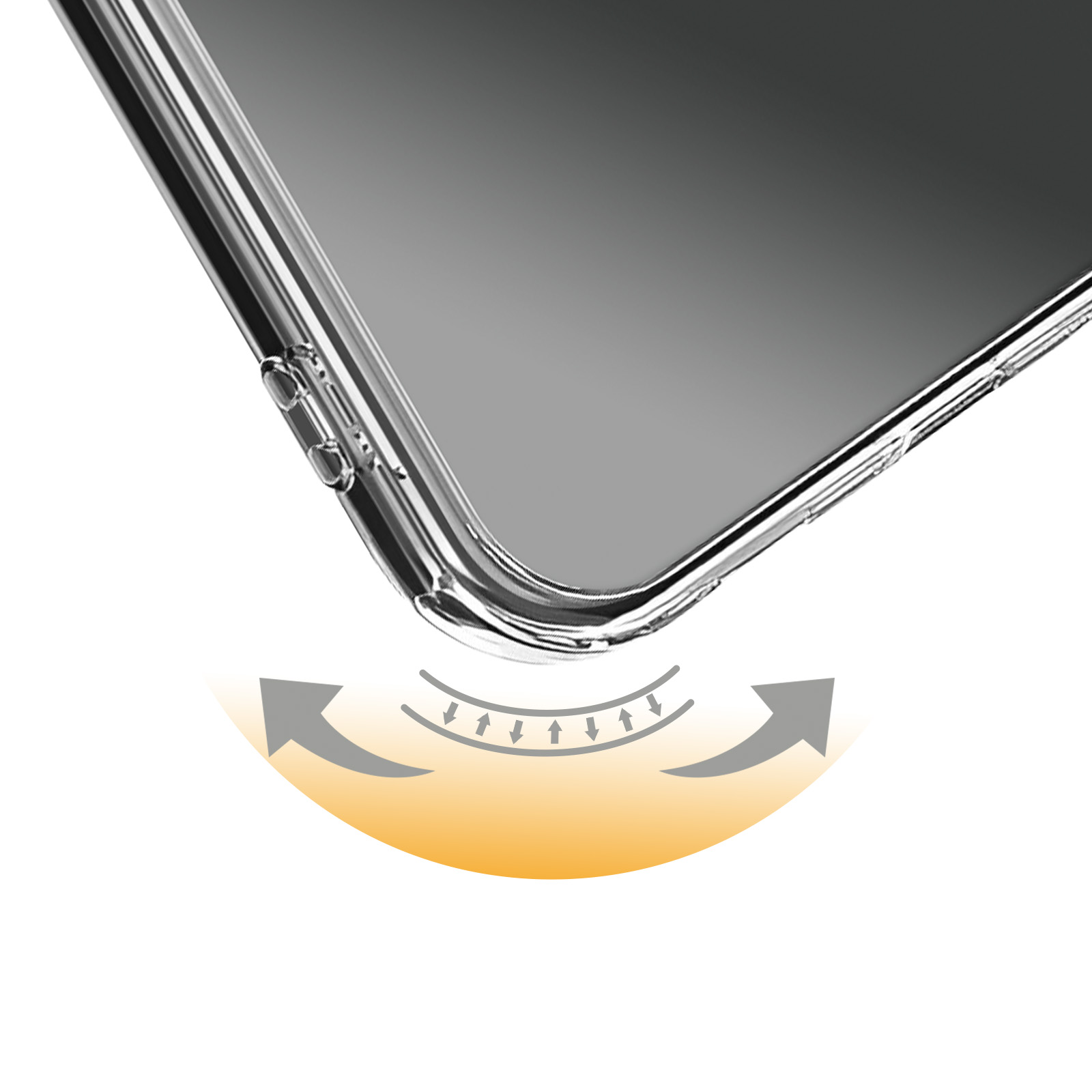 Transparante telefoonhoes met pijlen die impactbestendigheid aantonen. Grijze achtergrond.