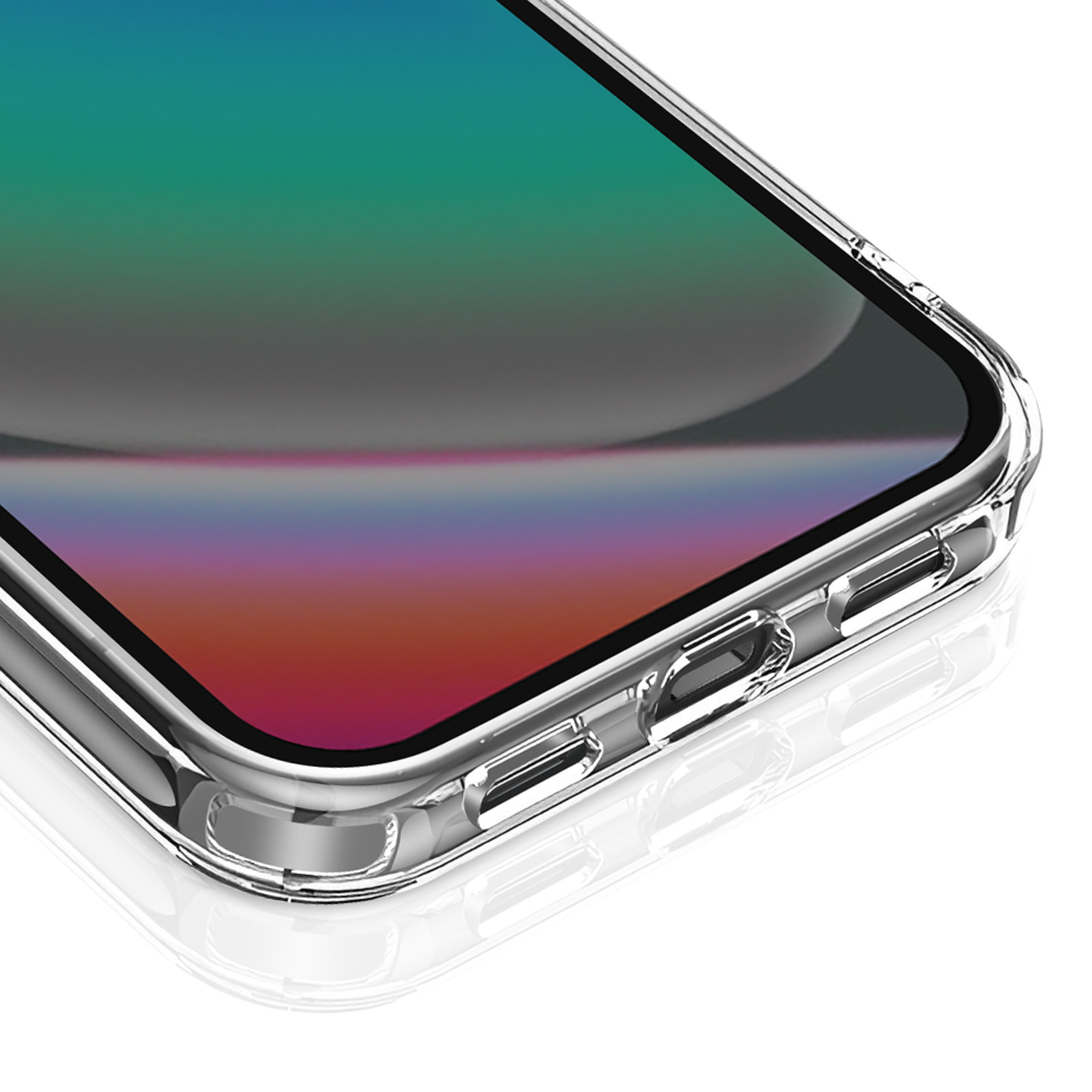 Close-up van een doorzichtige telefoonhoes op een witte ondergrond. Scherm met kleurovergang.