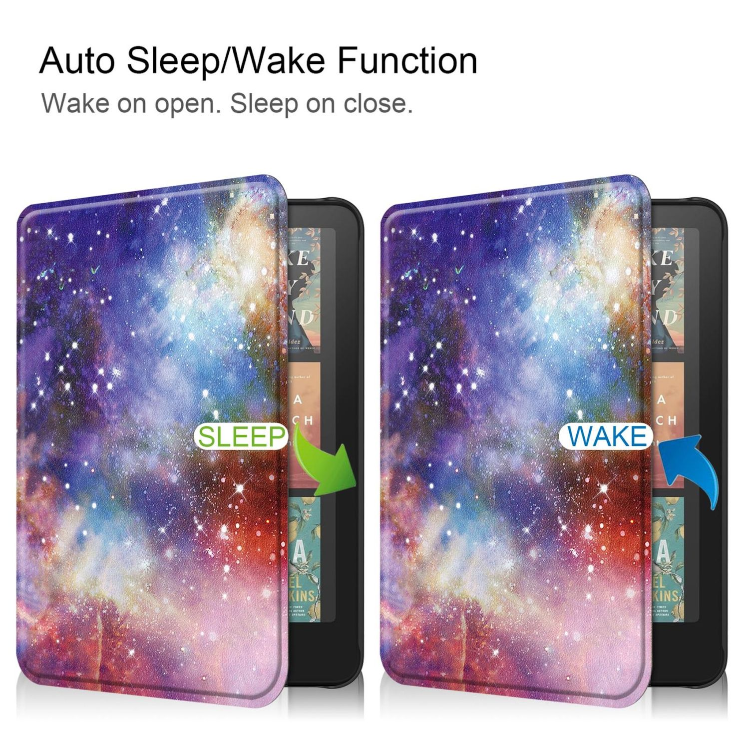 Dos lectores electrónicos. Uno cerrado muestra 'SLEEP' y una cubierta de galaxia. El otro abierto muestra 'WAKE' y el contenido del libro.