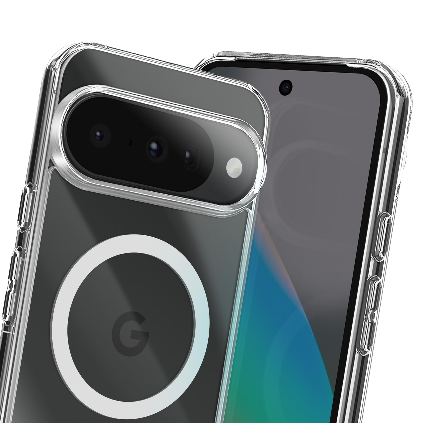 Twee telefoons in doorzichtige hoesjes. Een hoesje heeft een witte cirkel met een 'G'. De andere telefoon heeft een cameralens.