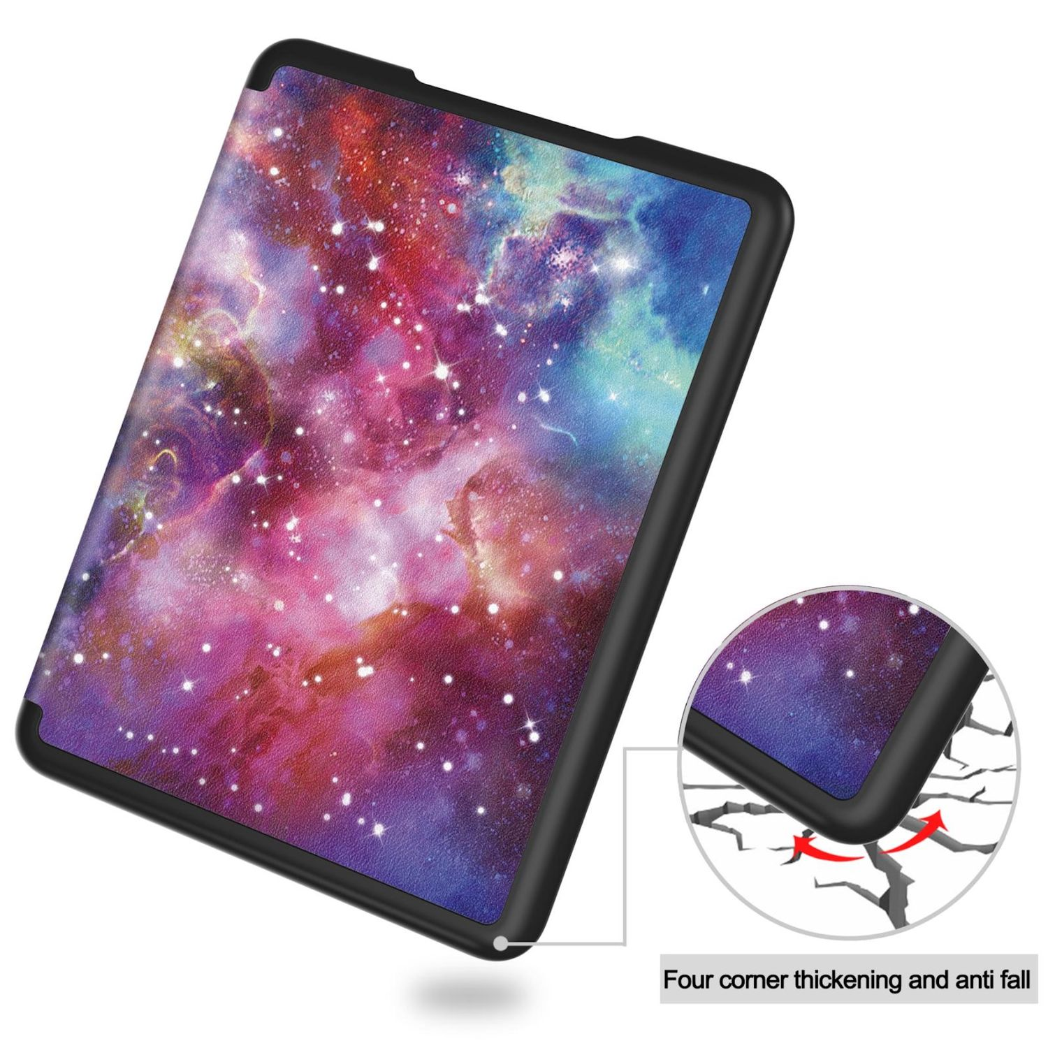 Funda para tableta con estampado de galaxia. Borde negro. Gráfico muestra protección de esquina y anticaída.