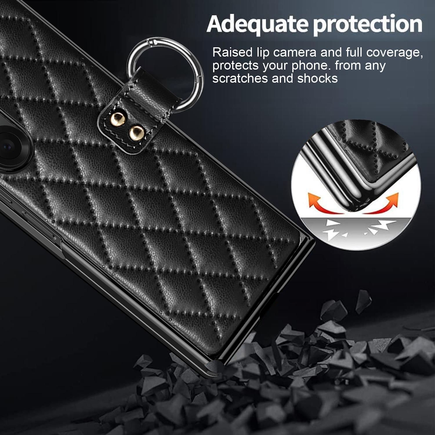Funda negra para teléfono con patrón de diamantes, anillo de metal y correa de cuero. Texto: Protección adecuada.