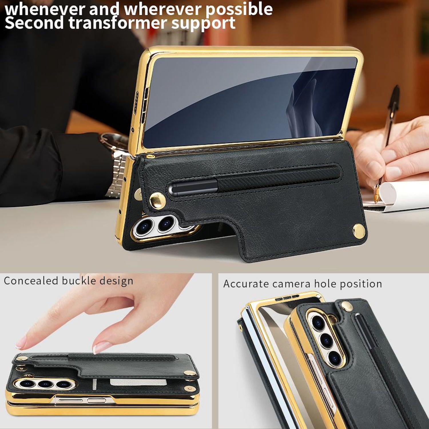 Eine schwarze und goldene Handyhülle ist geöffnet. Eine Hand schreibt mit einem Stift. Text: Verdecktes Schnallendesign, genaue Kameraposition.