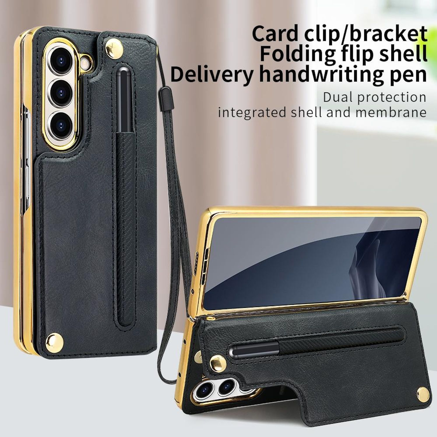 Schwarze und goldene Handyhülle mit Stift. Faltbares Design mit doppeltem Schutz. Mit Kartenclip und Halterung.