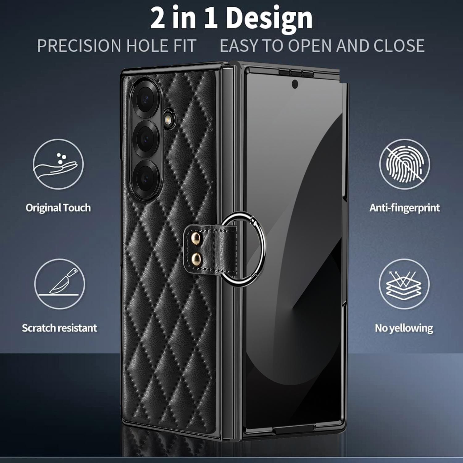 Se muestra una funda negra para teléfono con diseño acolchado abierta. Tiene un soporte de anillo y el texto '2 en 1 Diseño'.