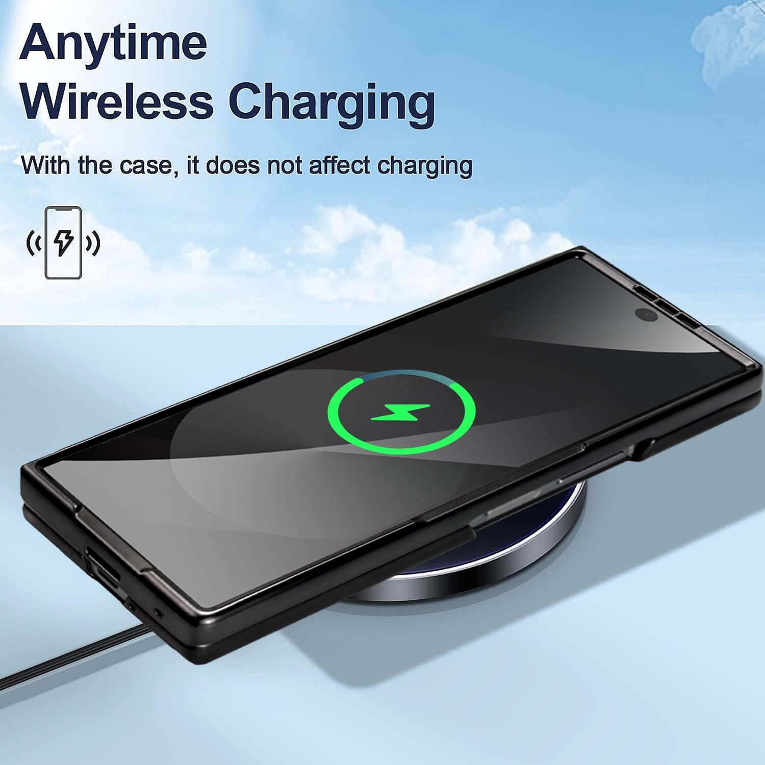 Un teléfono cargando de forma inalámbrica en una plataforma. La pantalla muestra un icono de carga verde. El texto superior dice 'Wireless Charging'.