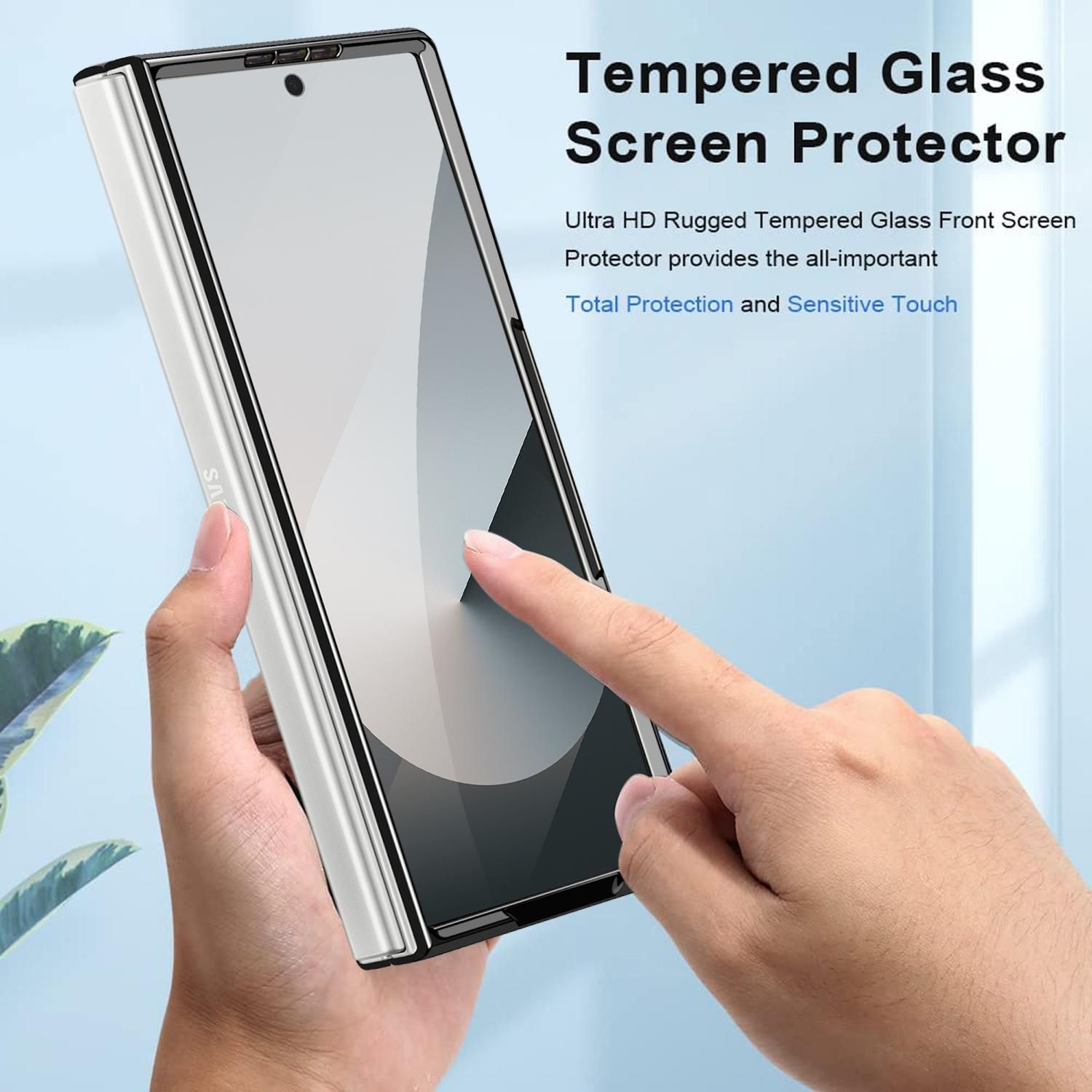 Mano sosteniendo un teléfono con protector de pantalla, dedo tocando la pantalla. Texto: Tempered Glass Screen Protector.