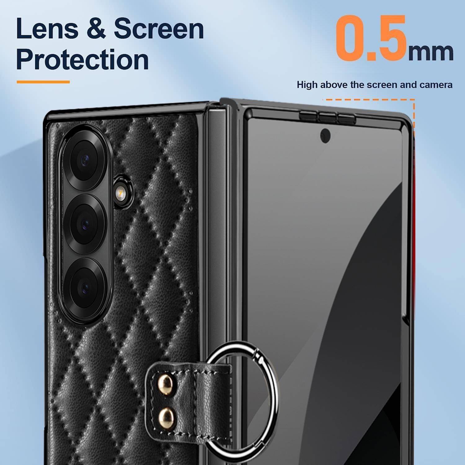 Una funda negra para teléfono con patrón acolchado, un módulo de cámara y un soporte de anillo. La pantalla está protegida.