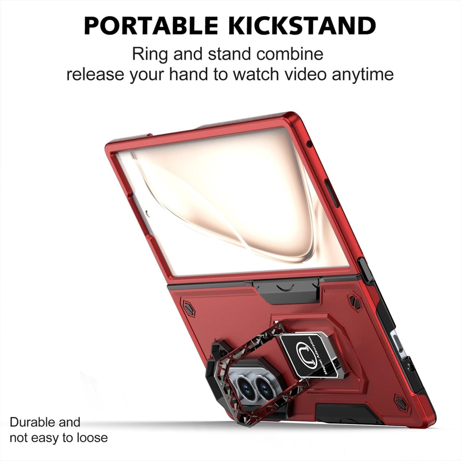 Ein roter Telefon-Kickständer mit Ring- und Standfunktion. Er ist langlebig und nicht leicht zu lösen. Der Text auf dem Bild lautet 'PORTABLE KICKSTAND'.