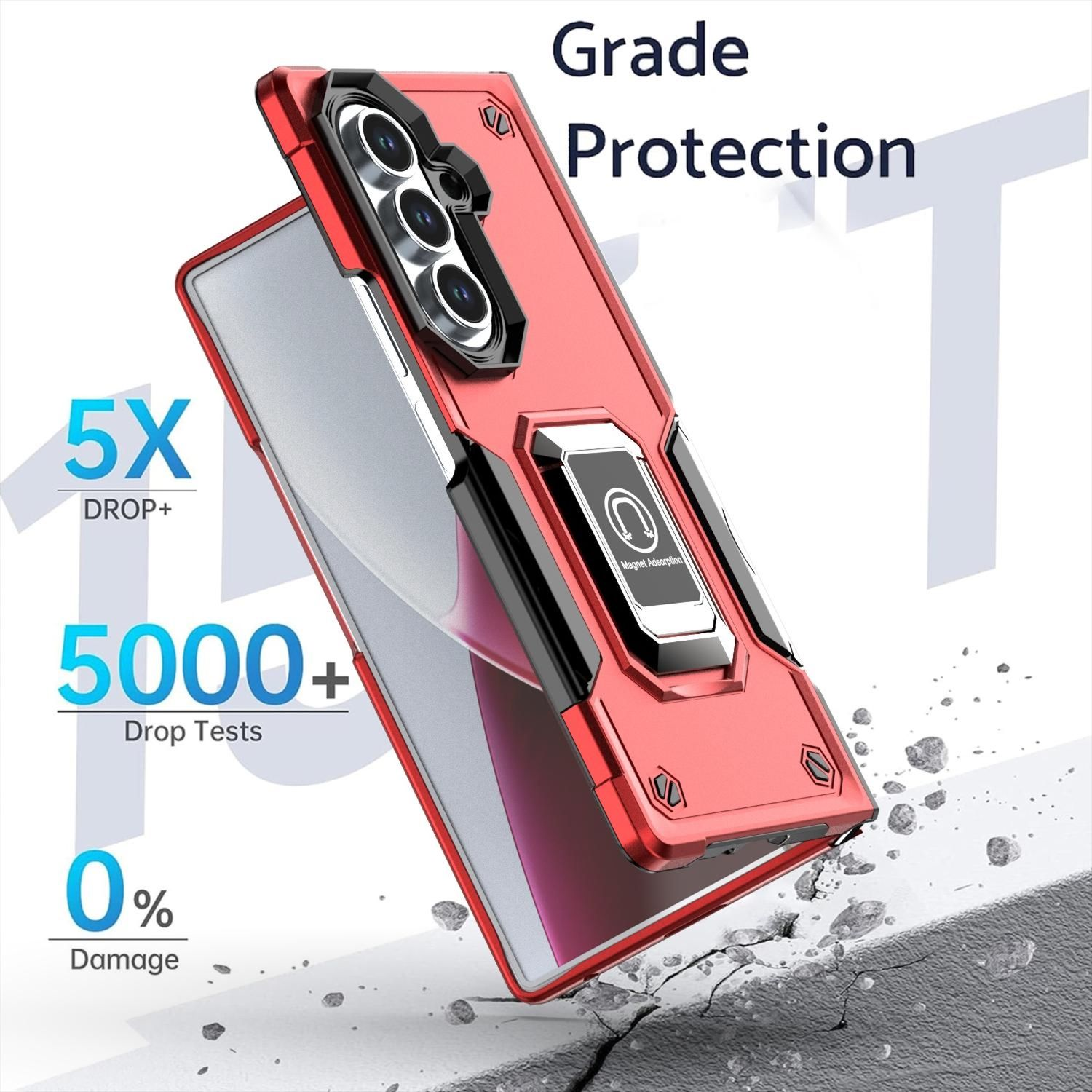 Eine rote Handyhülle mit Schutzdetails. Es hat einen Magneten, das Telefon fällt. 5X Drop+, 5000+ Falltests und 0% Beschädigung.