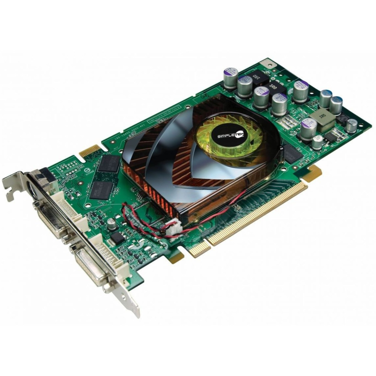 Una scheda grafica per computer con un circuito stampato verde, un dissipatore di calore in rame e una ventola. Ha due porte DVI e vari componenti elettronici.