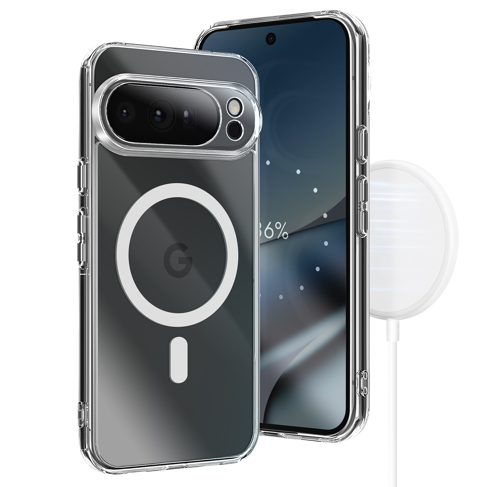 Transparente Handyhülle mit Telefon und kabellosem Ladegerät. Die Hülle hat einen Magnetring, das Handy zeigt 86 % Akku.