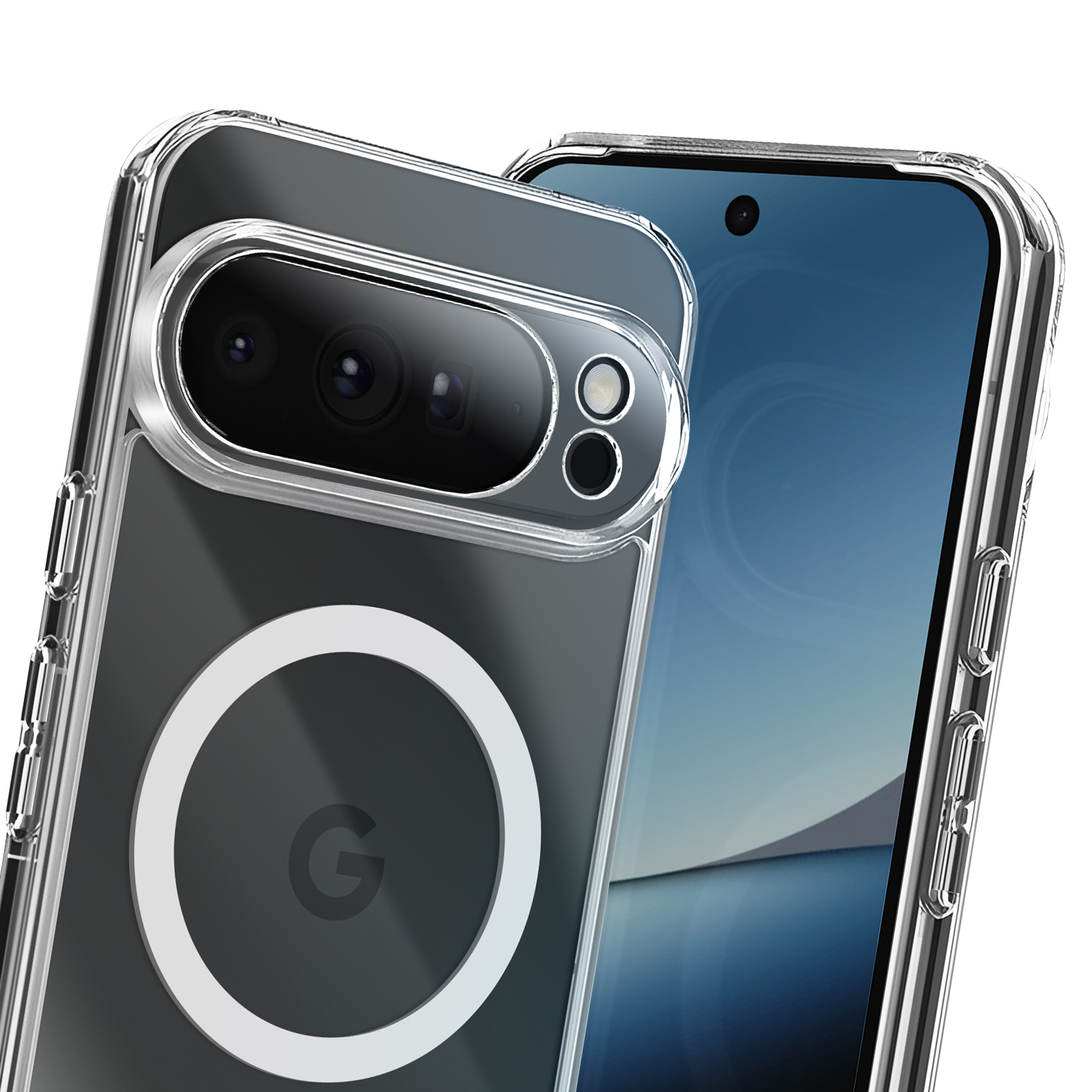 Eine transparente Handyhülle auf einem schwarzen Telefon, die Rückseite mit Kamera und die Vorderseite mit Bildschirm zeigend.